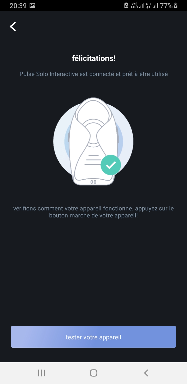 Connection successful between FeelConnect 3 app and the Pulse Solo Interactive