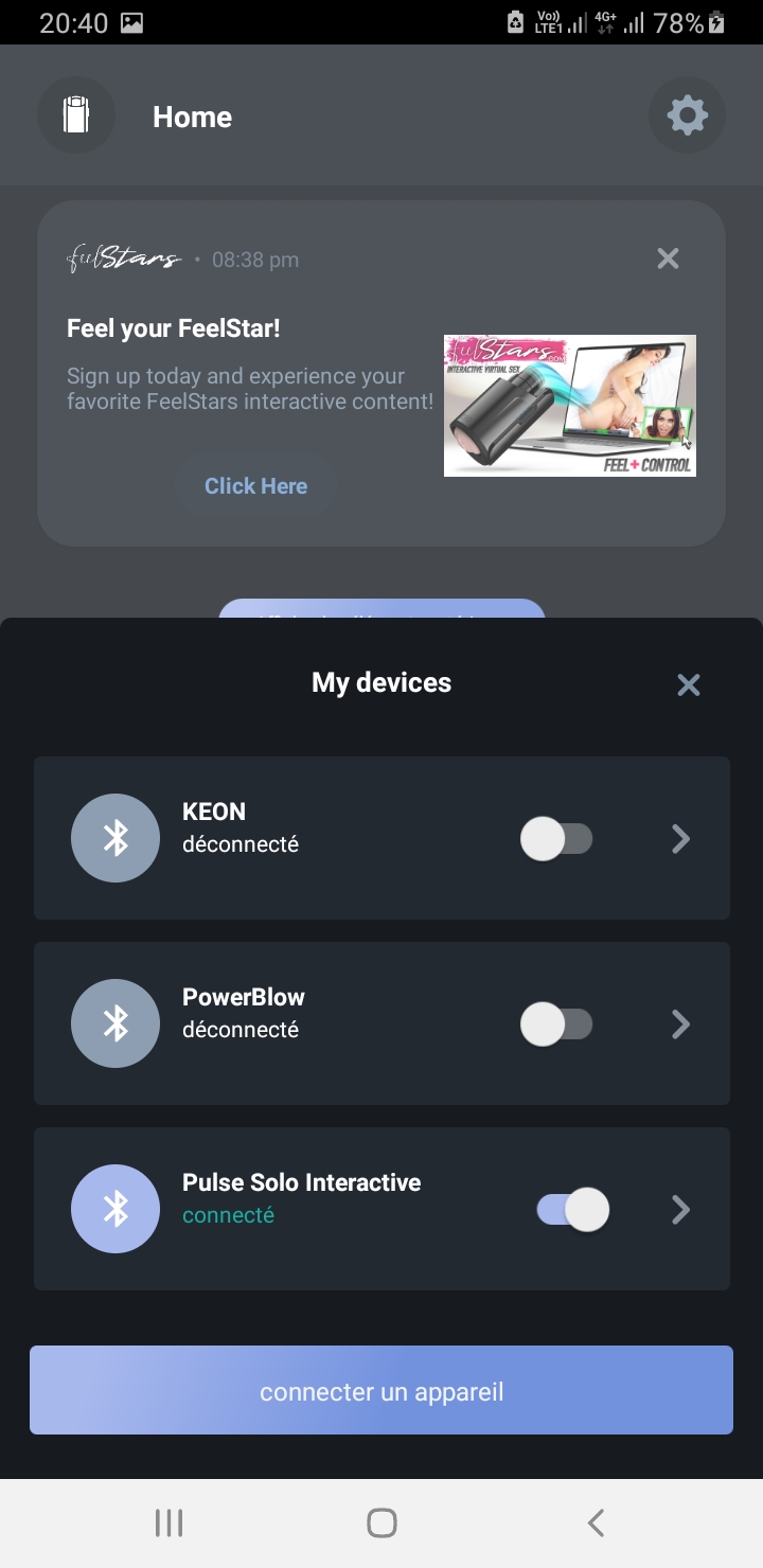 Pulse Solo Interactive connected on the FeelConnect 3 app